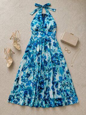 DKNY Blue Halter Midi Dress NWT Size 6 Cotton Summer Resort Vacation Wedding